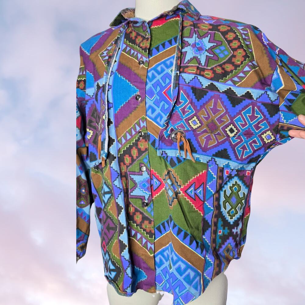 Vtg Circle T by Marilyn Lenon Southwest Aztec Cotton Shirt Jacket Womens Medium - Picture 4 of 7